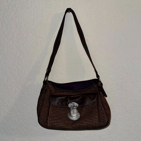 Chaps Women's Handbag Brown Houndstooth Inner Pockets Silver Accent Shoulder Bag - Picture 1 of 10